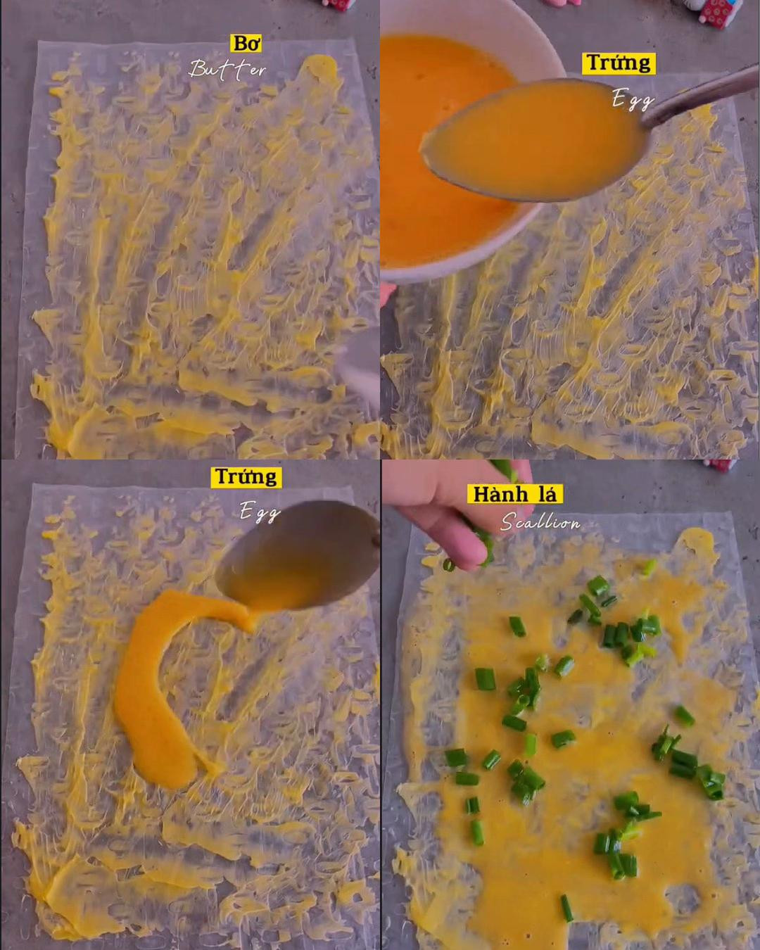 Bánh tráng chiên siêu dính với trứng, xúc xích và tép sấy