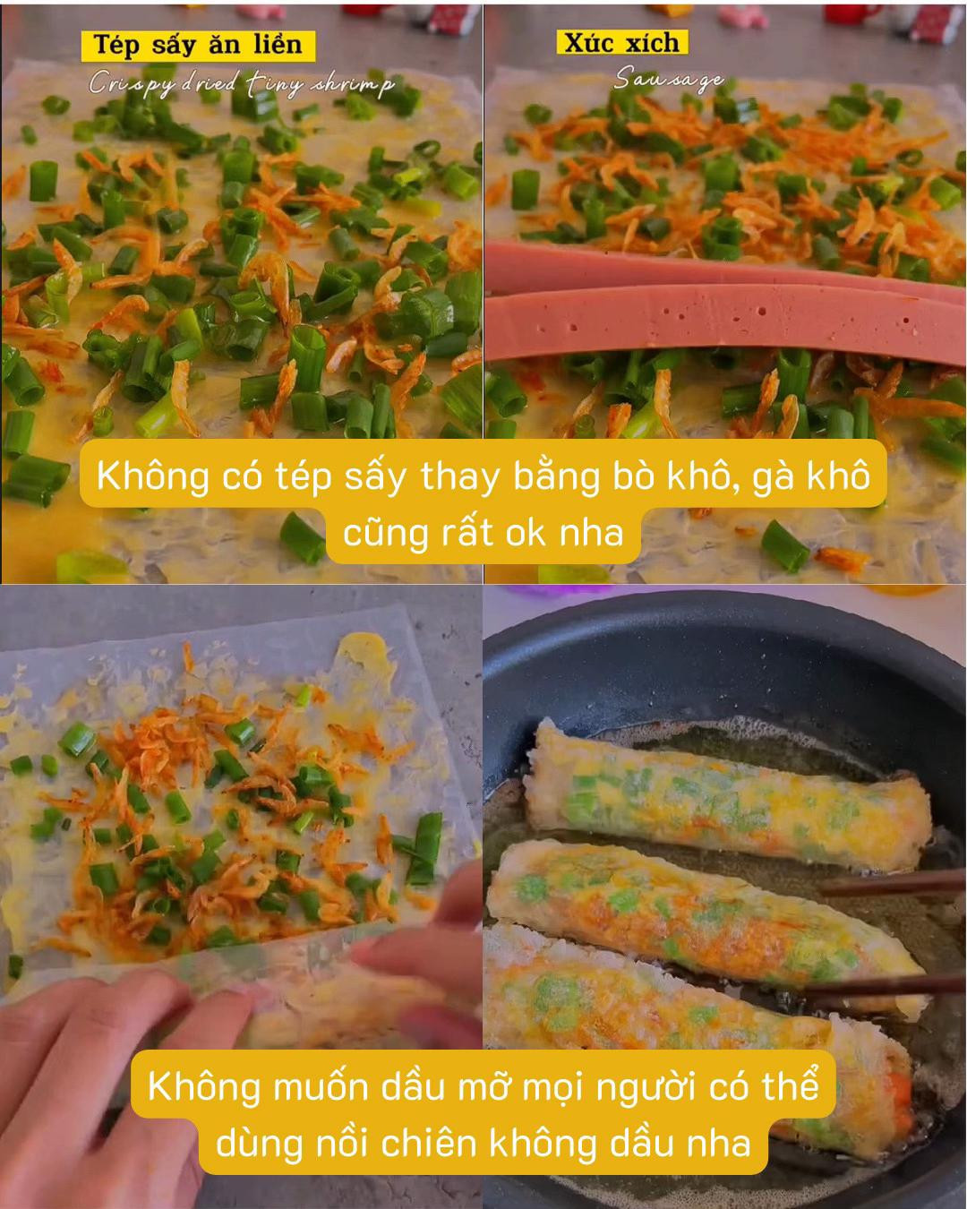 Bánh tráng chiên siêu dính với trứng, xúc xích và tép sấy