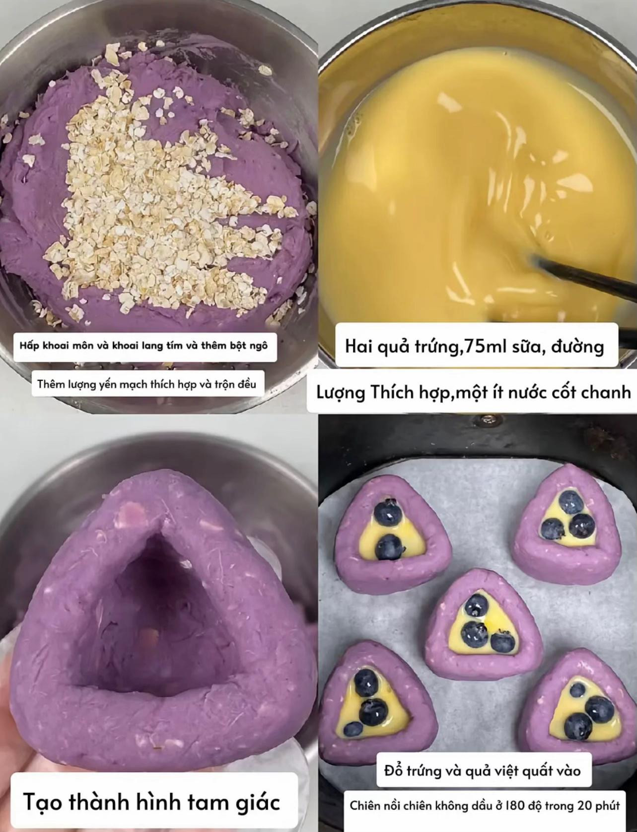 Bánh Trứng Việt Quất: Khoai môn, khoai lang tím, yến mạch, trứng và việt quất