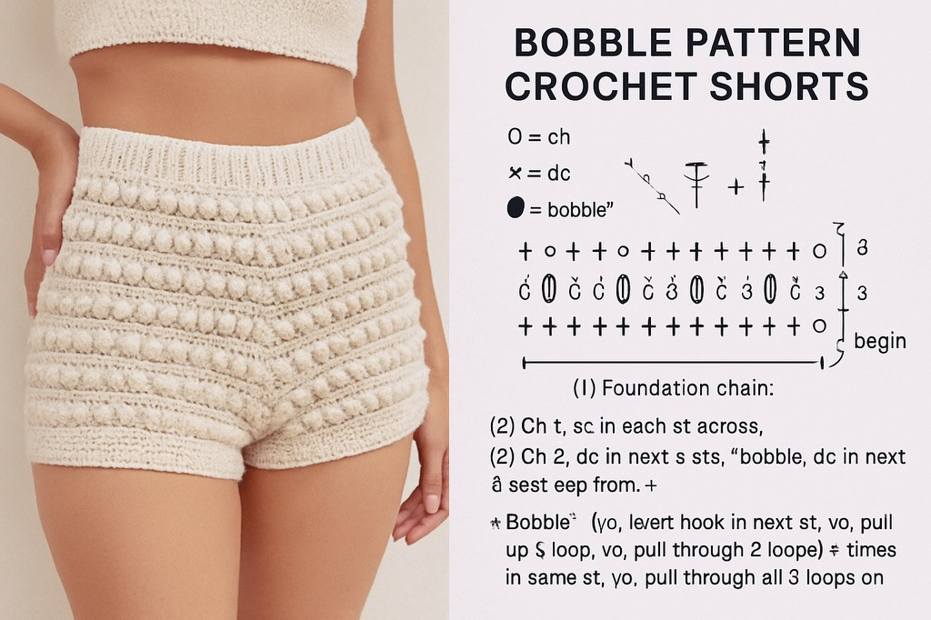 Basketweave and Bobble Pattern Crochet Shorts Charts