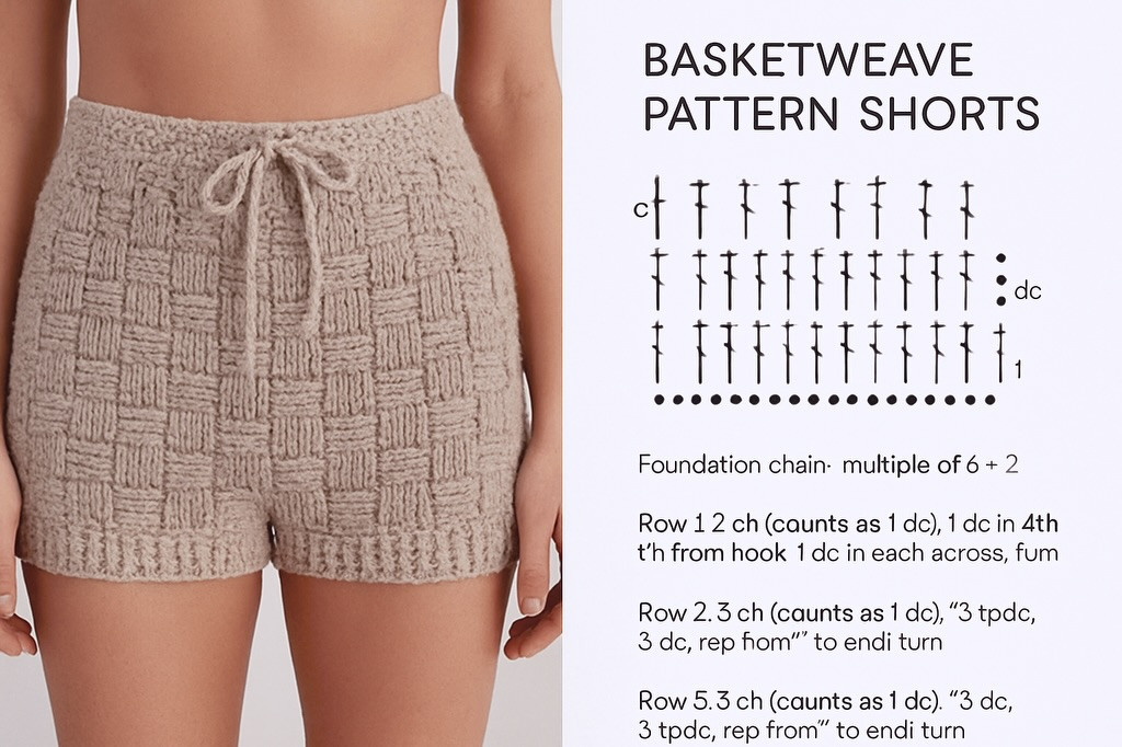 Basketweave and Bobble Pattern Crochet Shorts Charts
