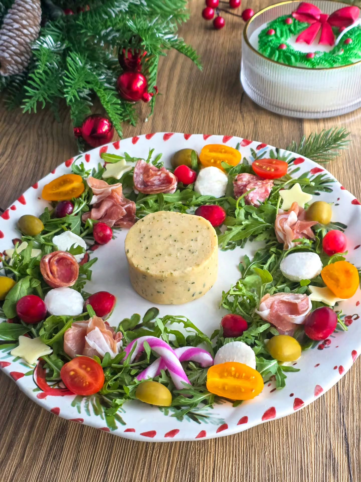 Beautiful Christmas Wreath Salad Platter with Cheese, Salami, and Arugula