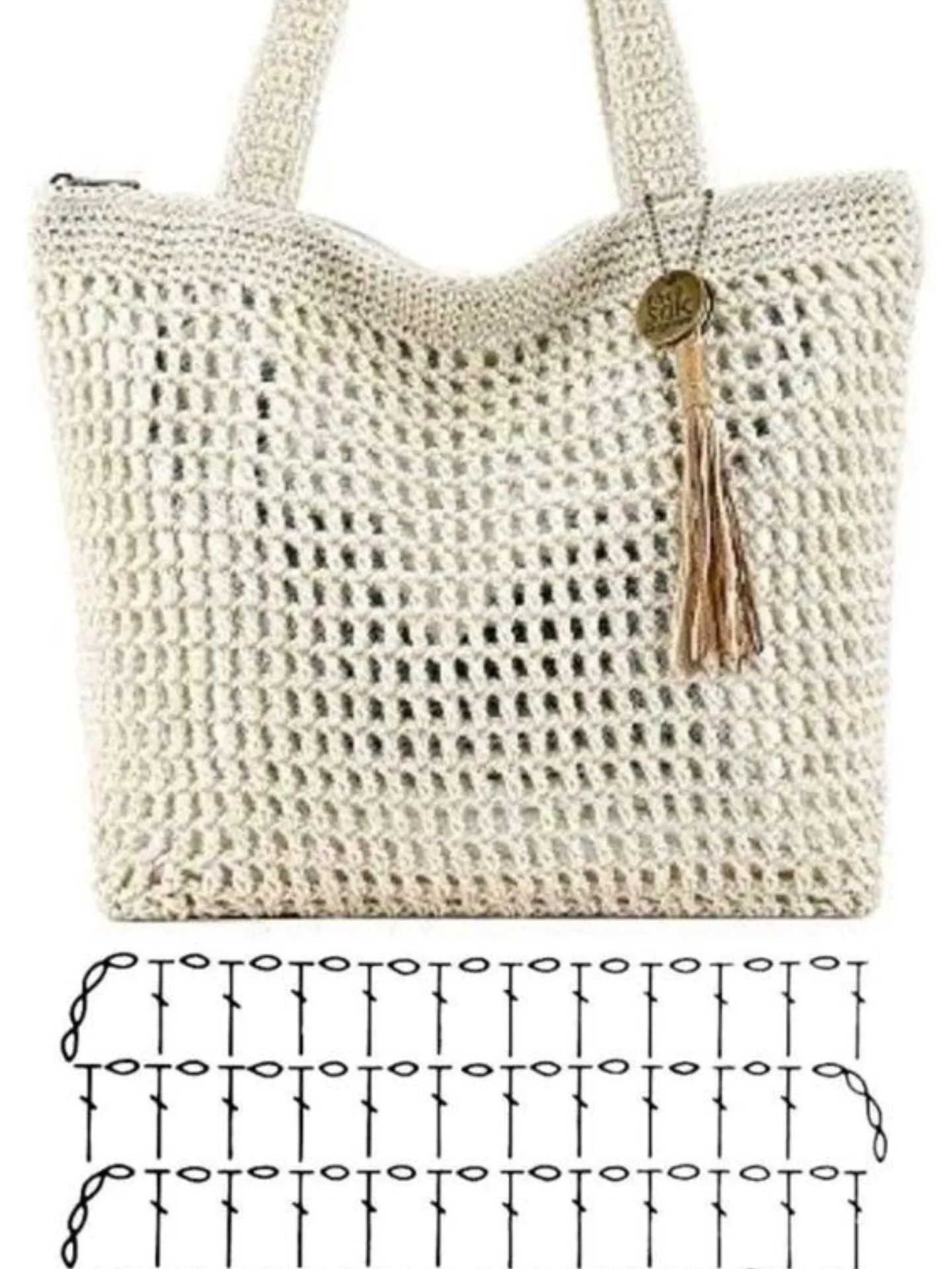 Beautiful crochet beach bags patterns in beige, white and brown raffia yarn with flat charts