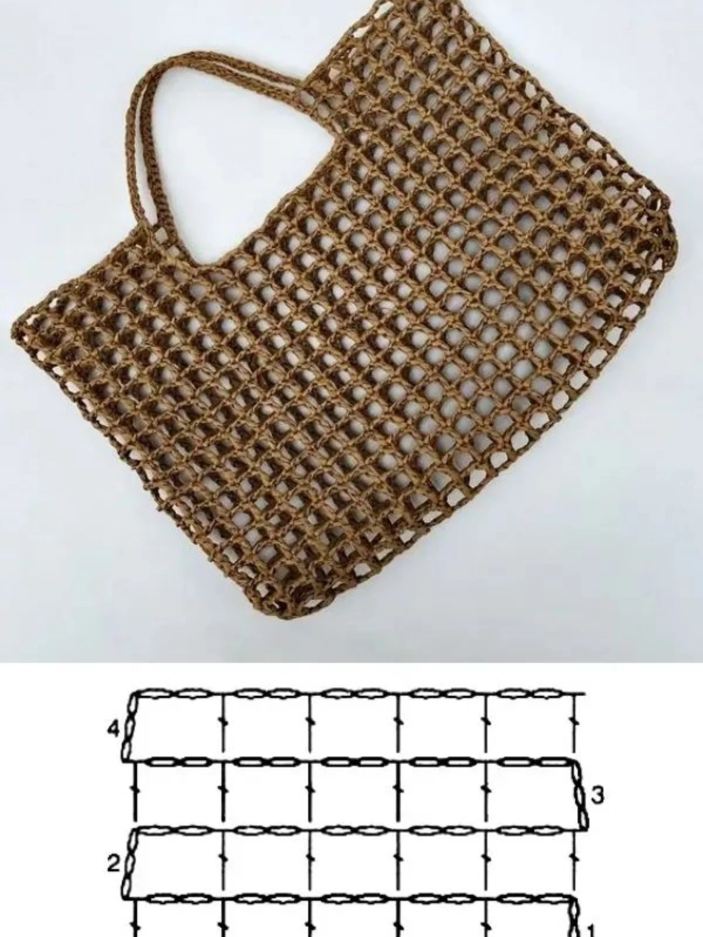 Beautiful crochet beach bags patterns in beige, white and brown raffia yarn with flat charts