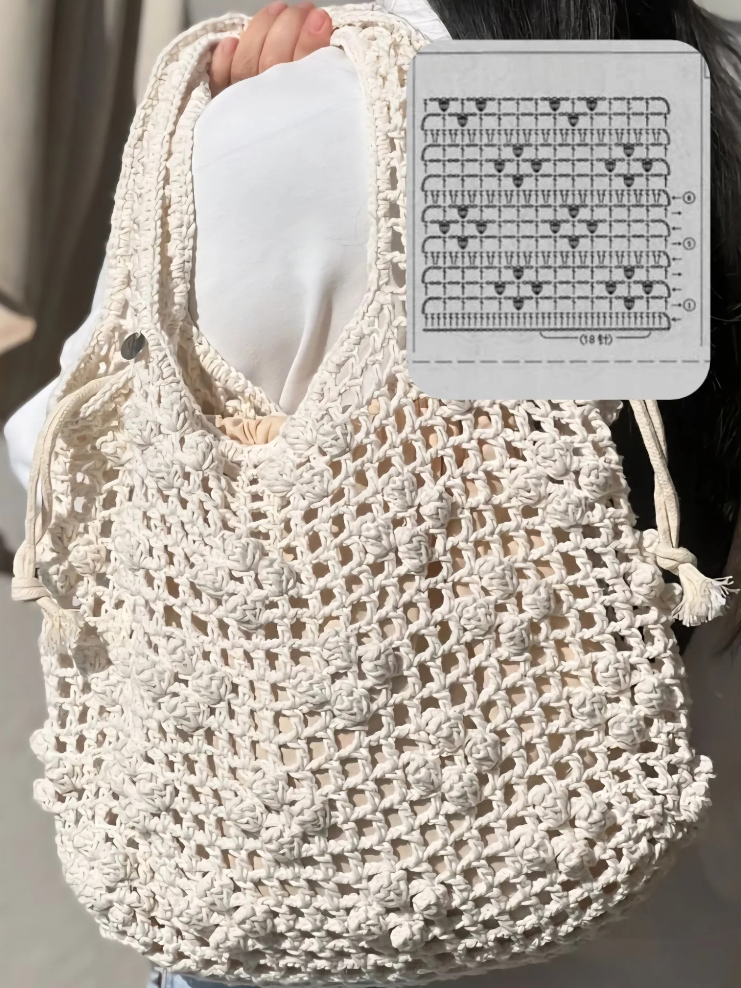 Beautiful crochet beach bags patterns in beige, white and brown raffia yarn with flat charts