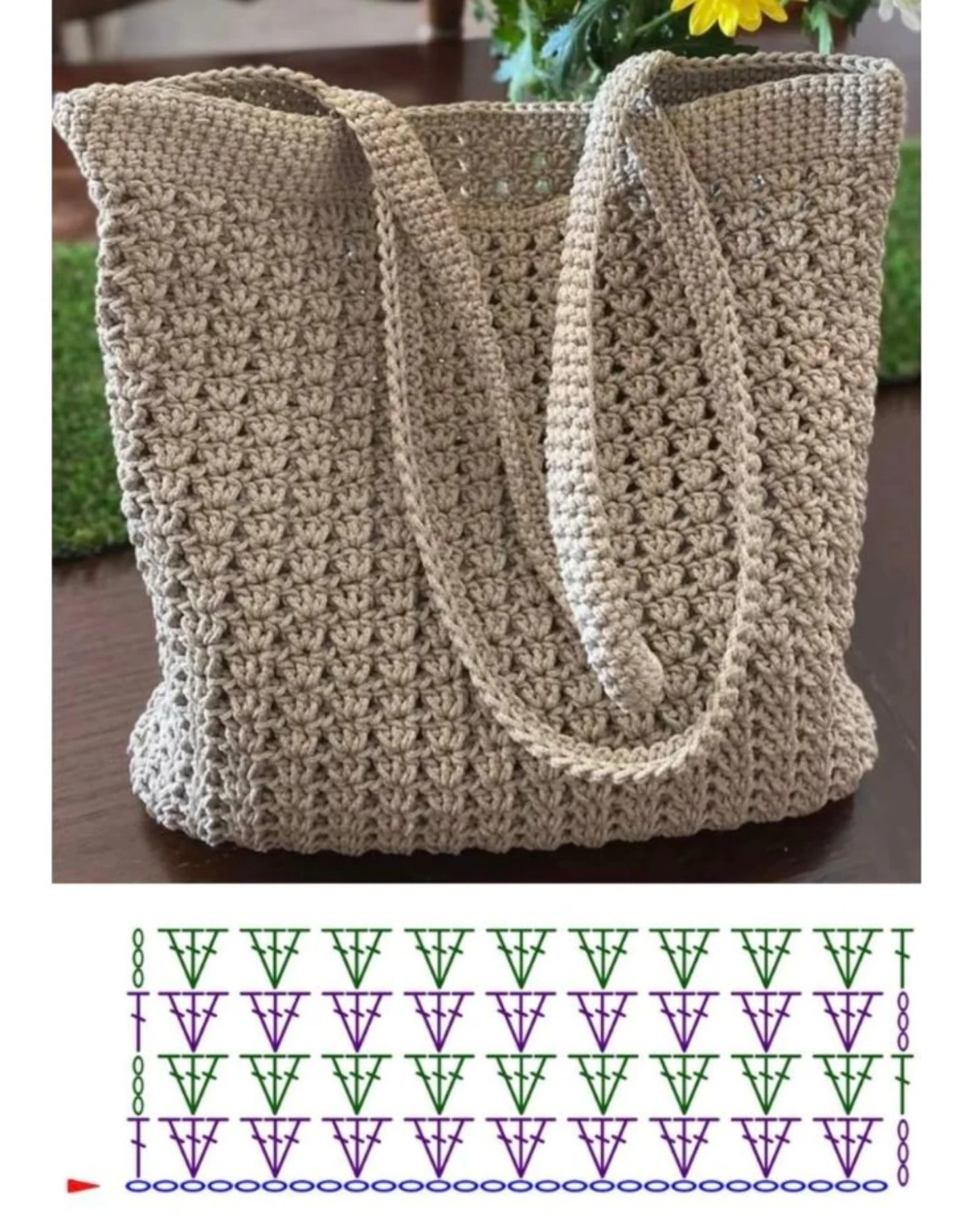Beautiful crochet beach bags patterns in beige, white and brown raffia yarn with flat charts
