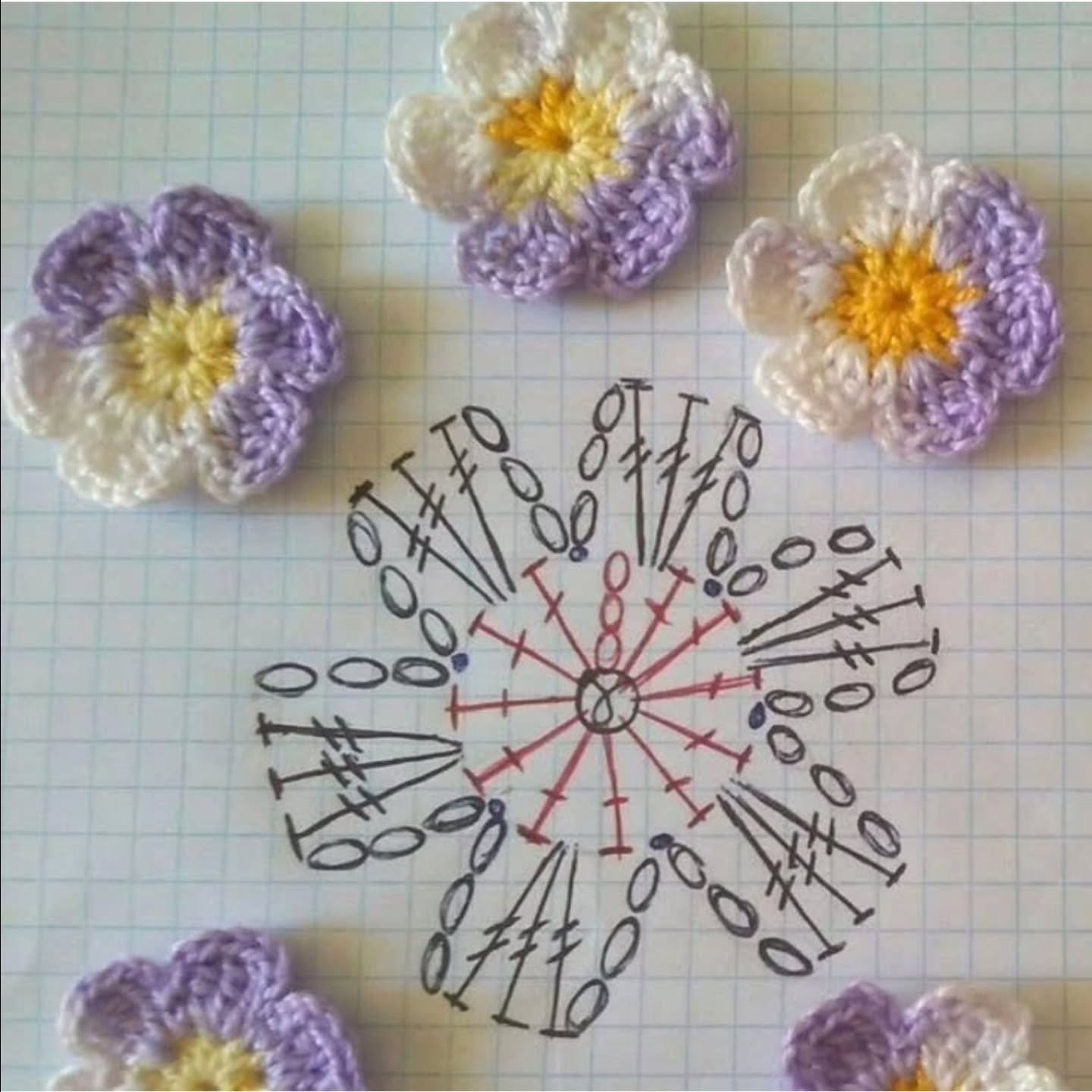 Beautiful Flower Crochet Flat Chart Pattern with Purple, White and Yellow Yarn
