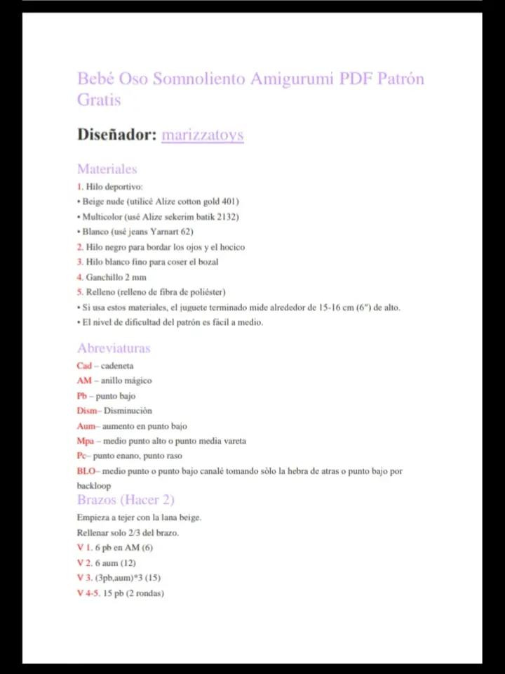 Bebé Oso Somnoliento Amigurumi PDF Patrón Gratis