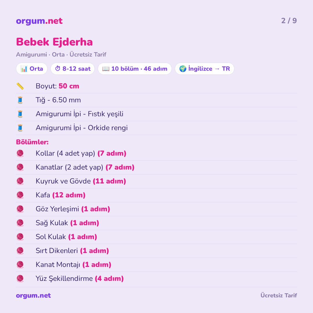 Bebek Ejderha - Amigurumi Ücretsiz Tarif (50 cm)