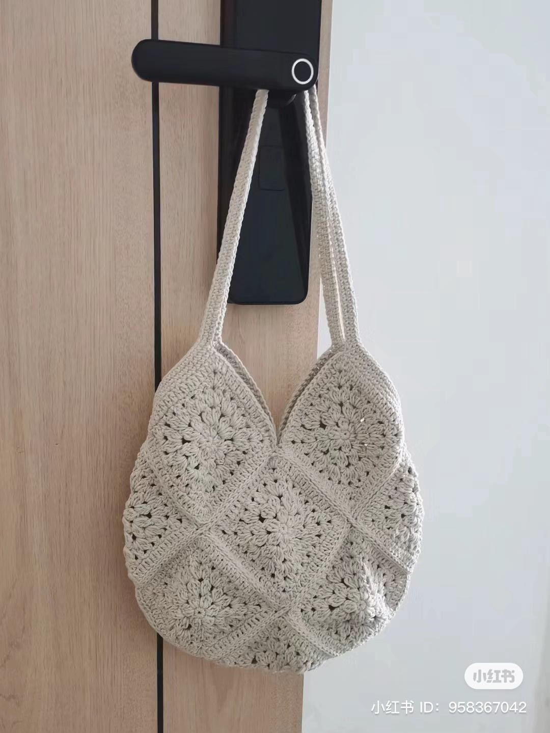 Beige Granny Square Crochet Hobo Bag with Chart and Assembly Instructions