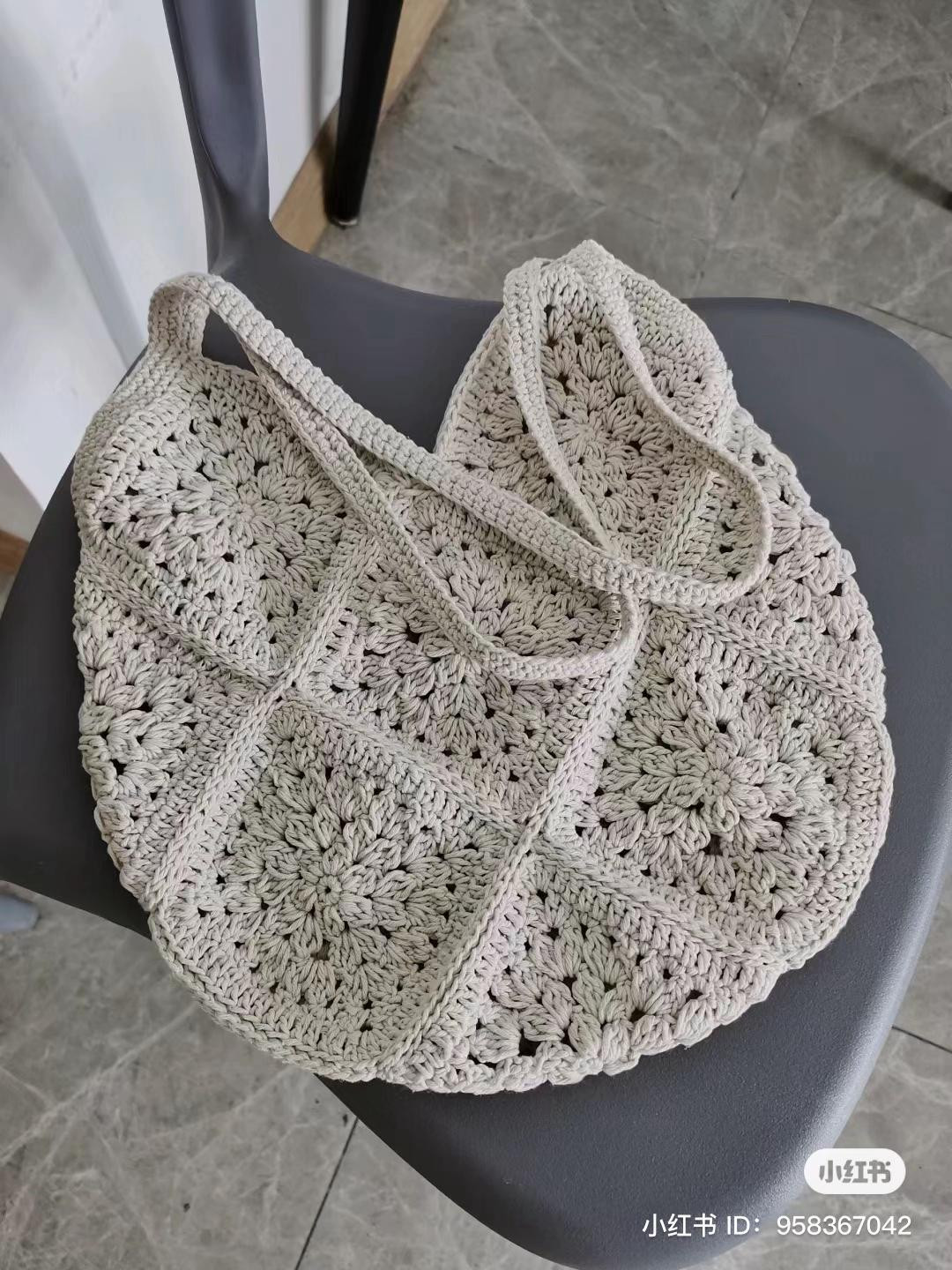 Beige Granny Square Crochet Hobo Bag with Chart and Assembly Instructions