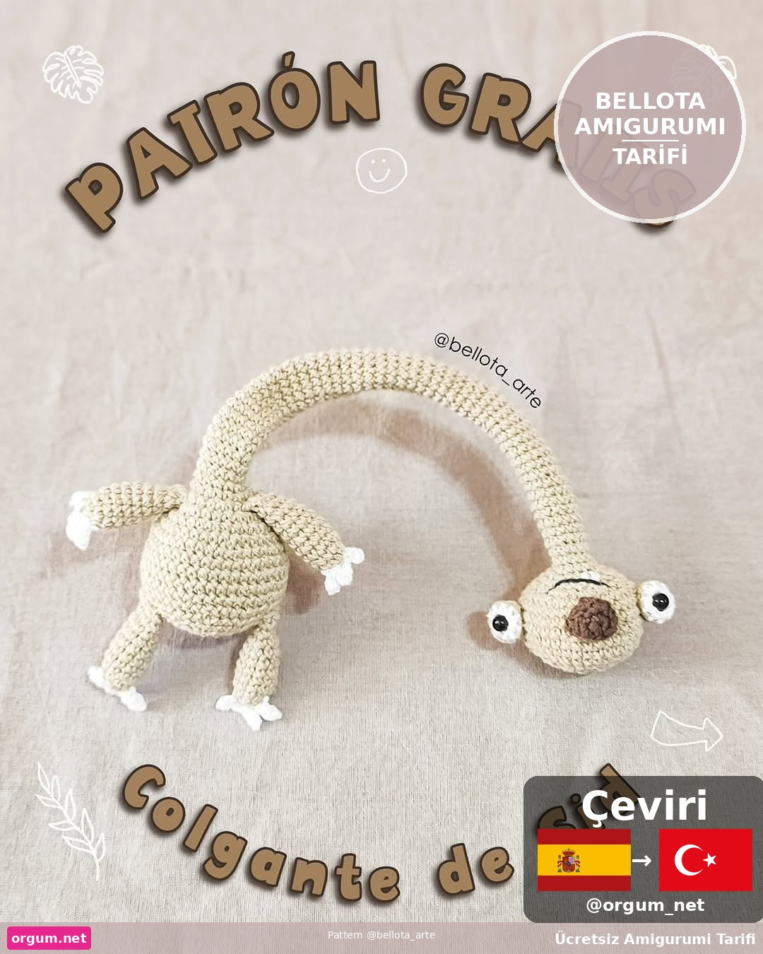 Bellota Amigurumi: Hướng dẫn móc con khỉ treo trang trí bằng len cotton màu be, mắt trắng mũi nâu
