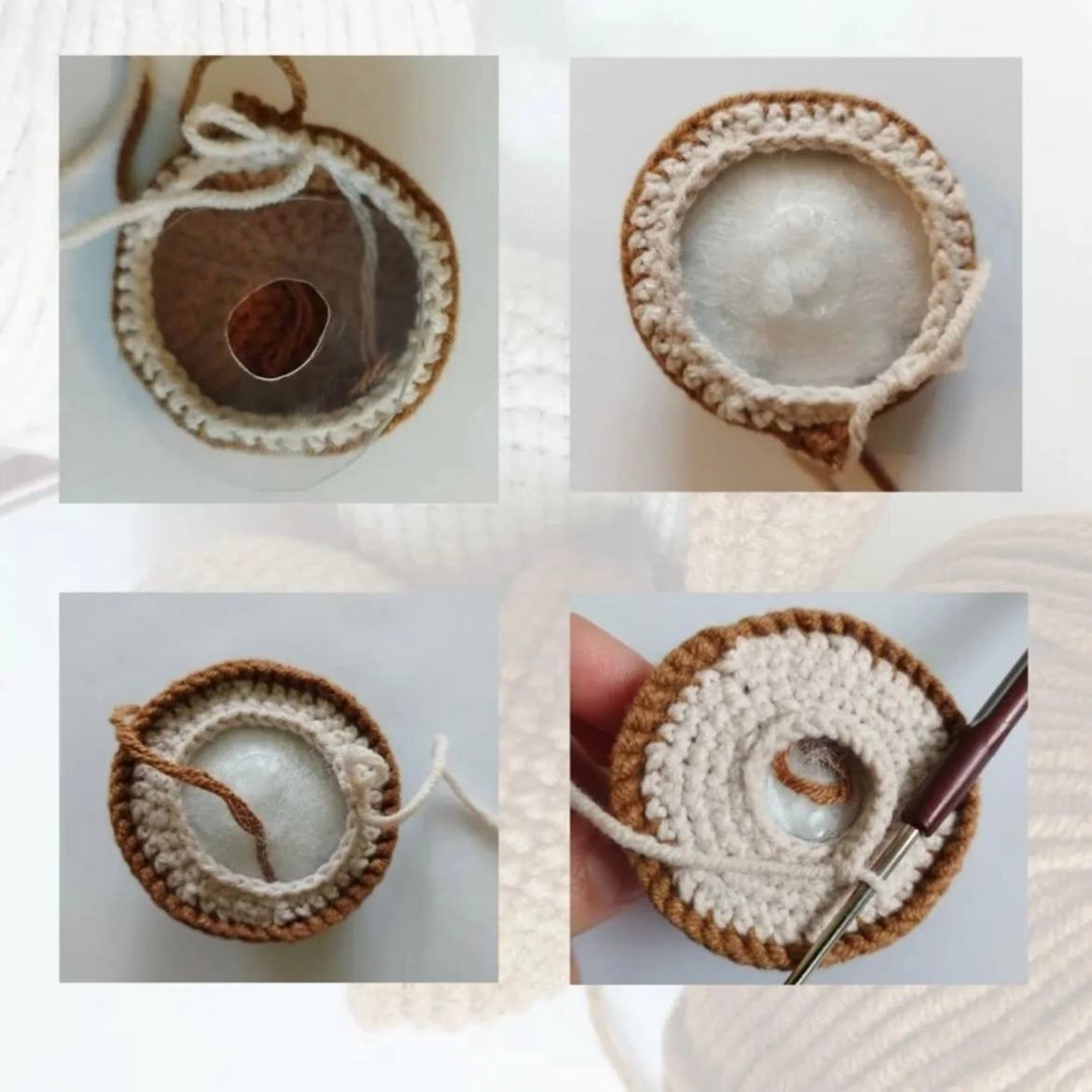 Бесплатное описание: как связать крючком грибочек (амигуруми) с шапочкой из коричневого и бежевого цвета