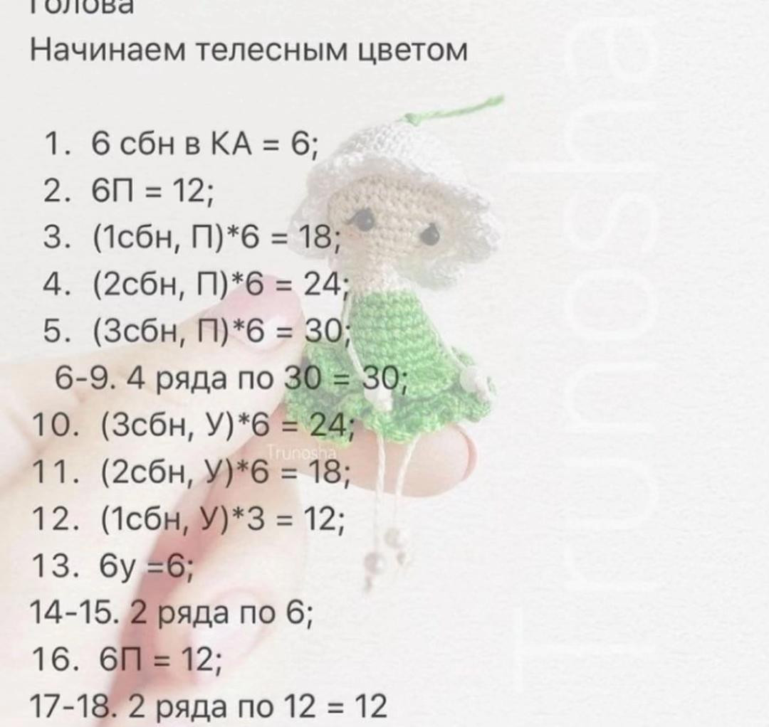 Бесплатное описание вязания куклы-грибочка с зеленой юбкой