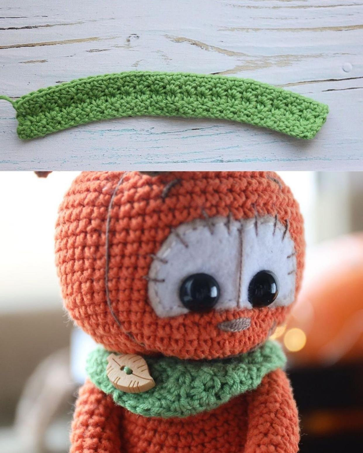 Бесплатный онлайн-схема амигуруми Тыковкин: оранжевый бамбук с зеленым шарфиком