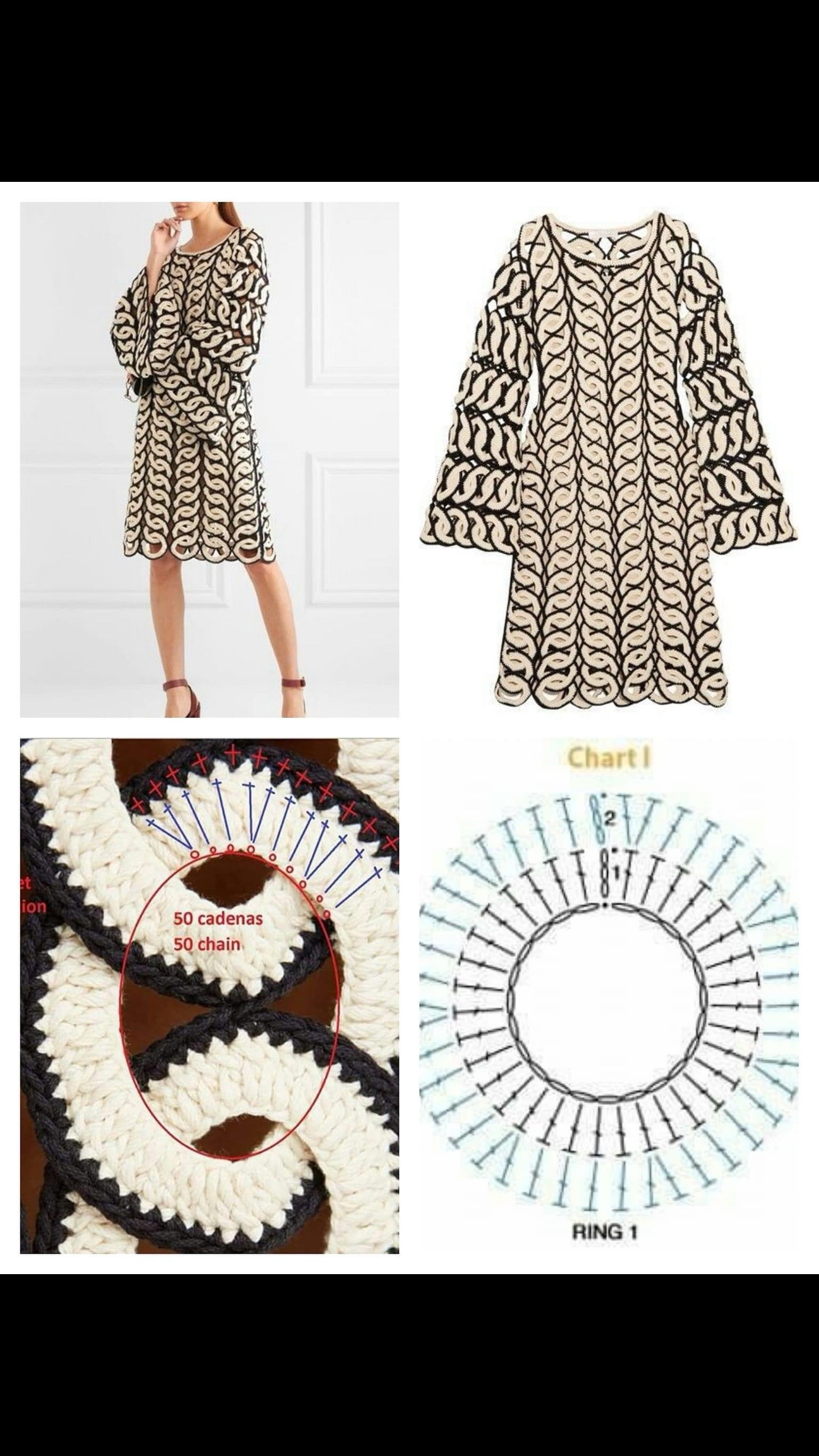 Black and Cream Chain Link Crochet Dress Pattern with Flat Chart Tutorial