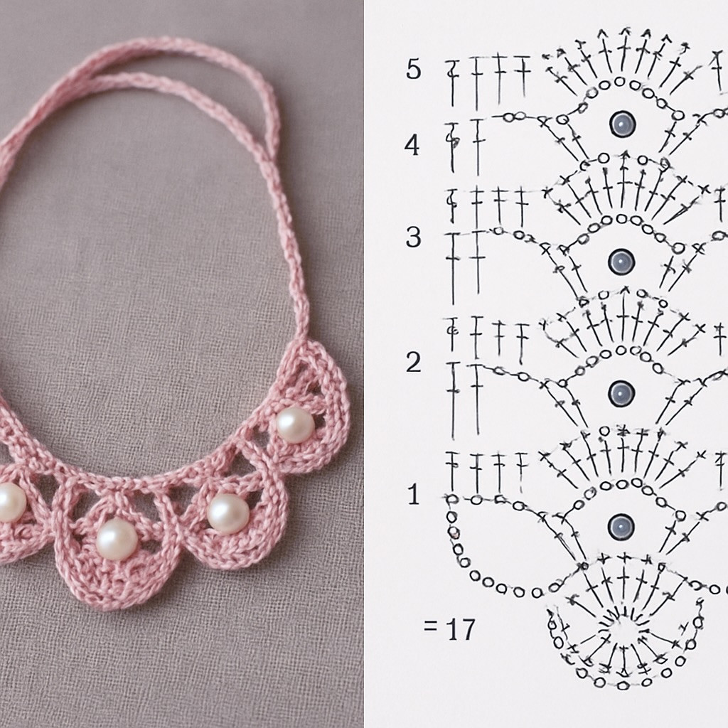Black and Pink Crochet Necklace Flat Charts with Shell Stitch Pattern
