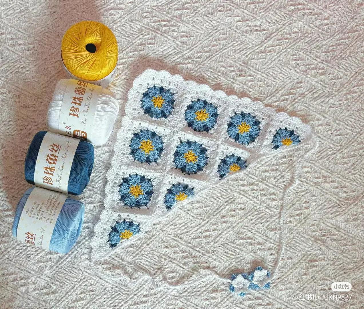 Blue and Yellow Flower Granny Square Triangle Shawl Crochet Pattern