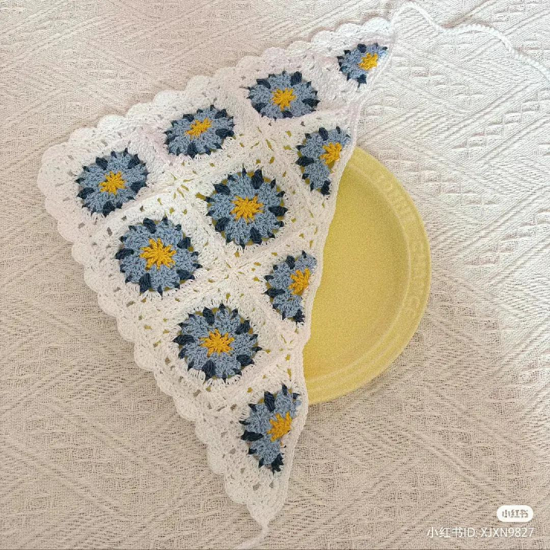 Blue and Yellow Flower Granny Square Triangle Shawl Crochet Pattern