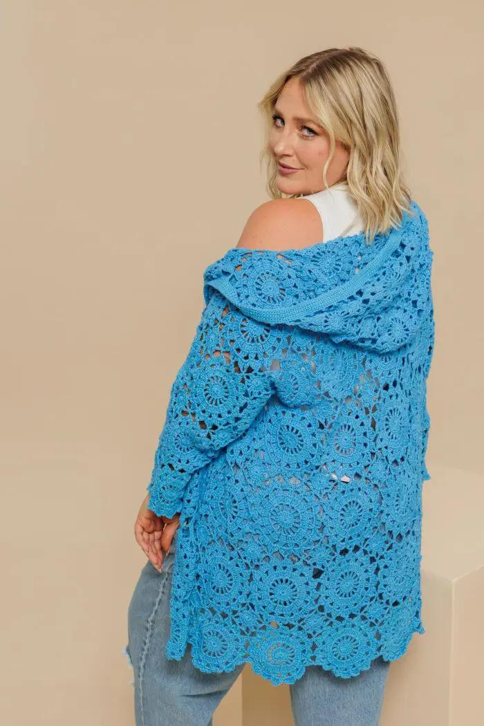 Blue Crochet Granny Square Hooded Cardigan Pattern with Full Sizing Charts