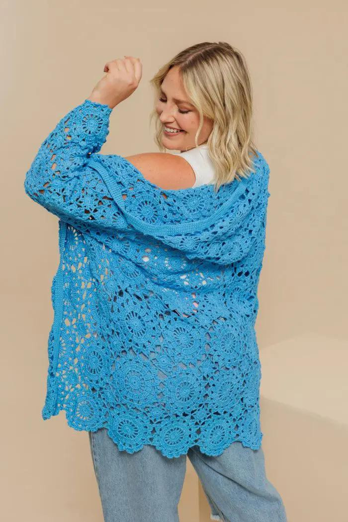Blue Crochet Granny Square Hooded Cardigan Pattern with Full Sizing Charts