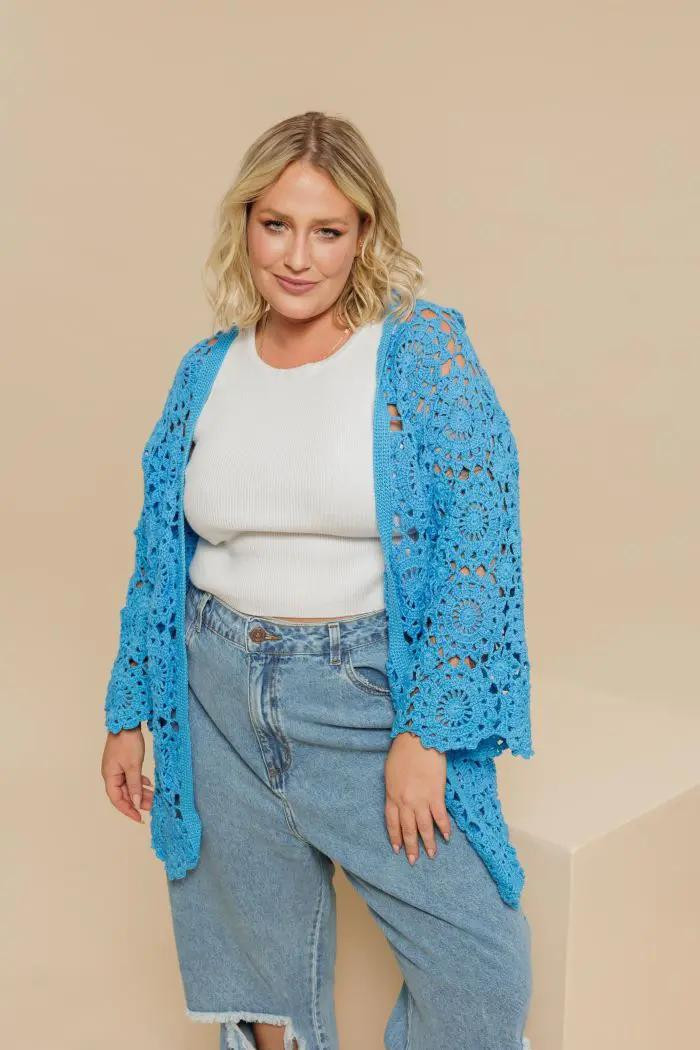 Blue Crochet Granny Square Hooded Cardigan Pattern with Full Sizing Charts