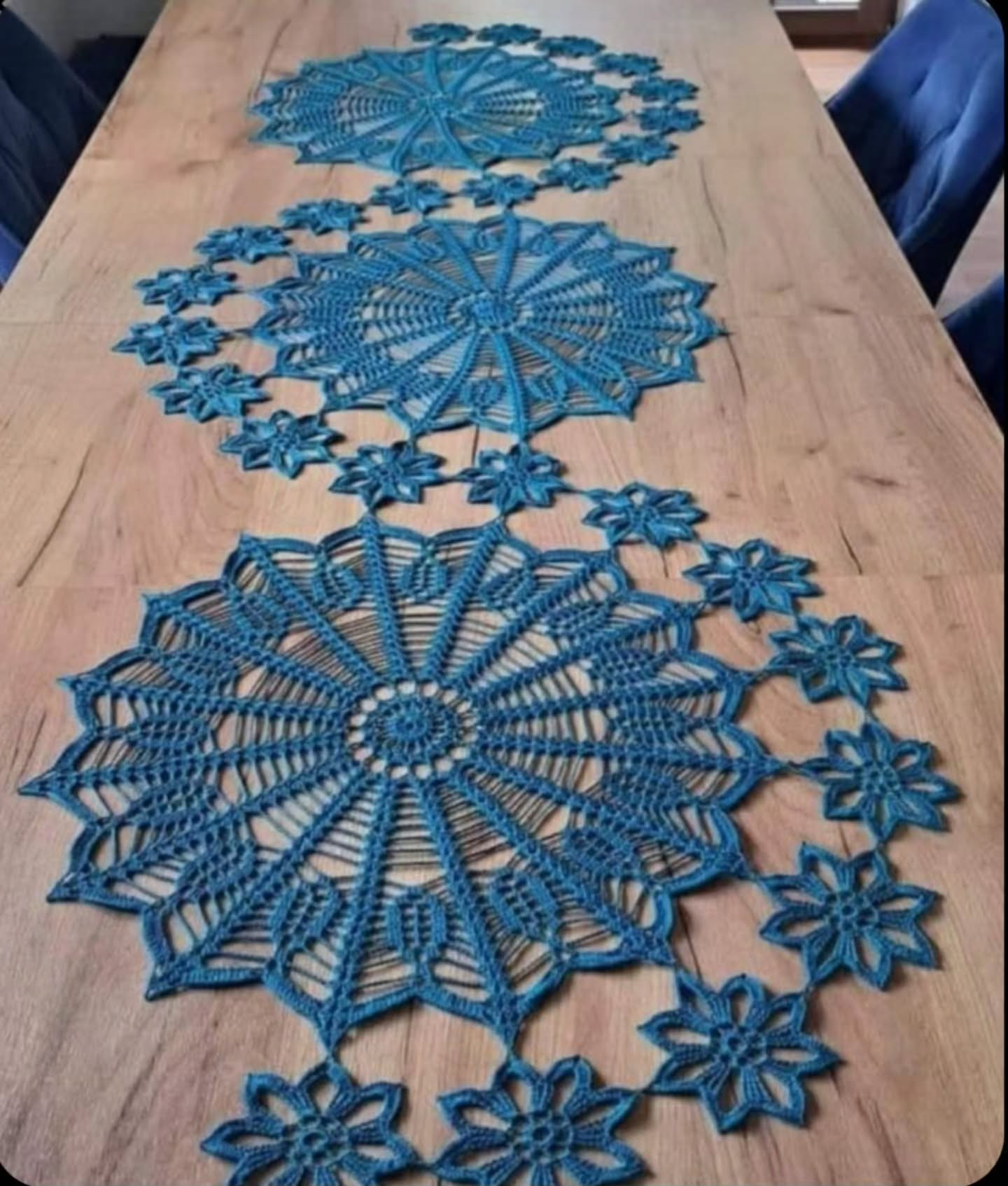 Blue Crochet Table Runner Pattern with Spiral Mandala and Flower Motifs