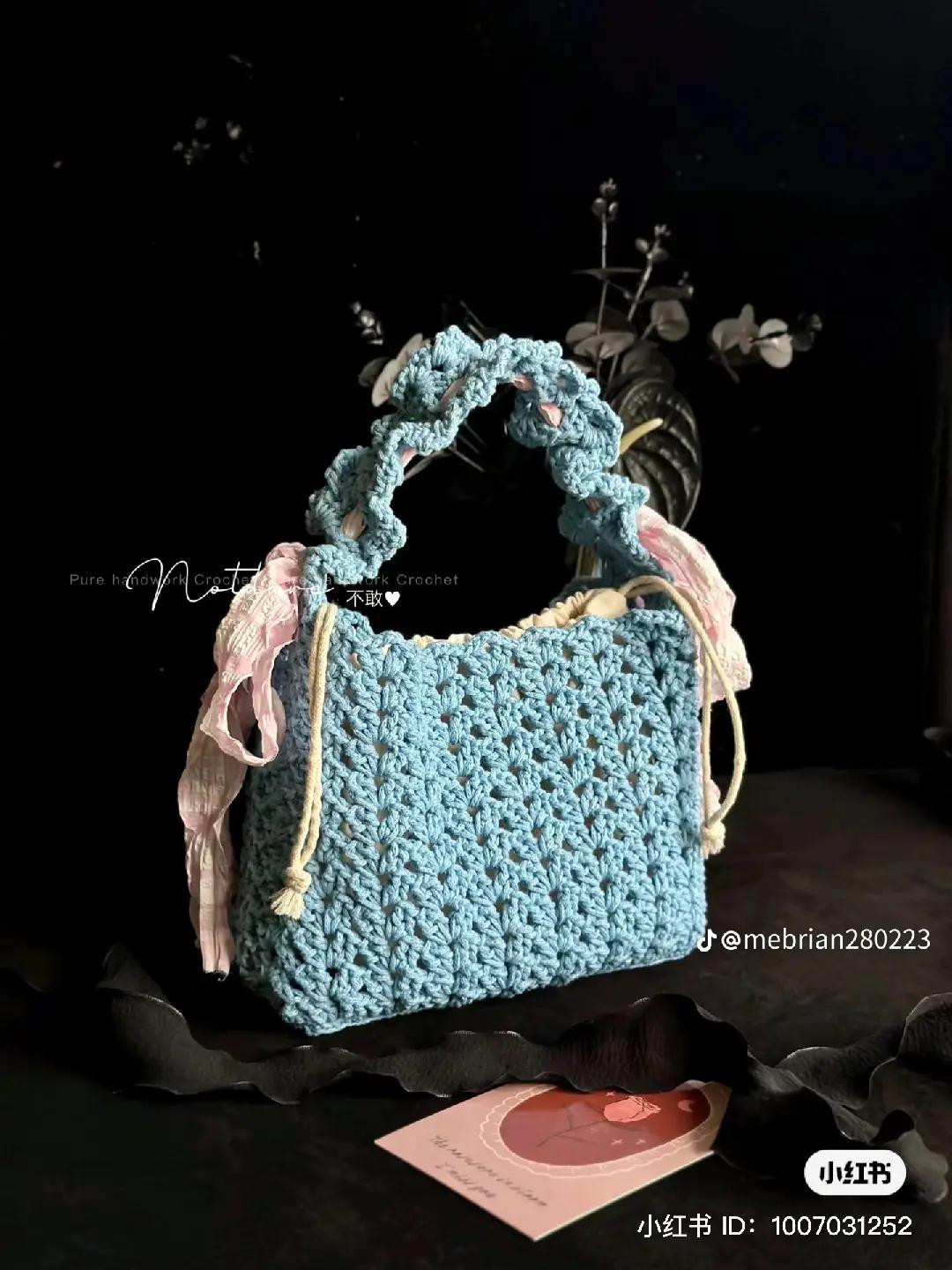Blue Crochet Tote Bag with Pink Ribbon Decoration and Chart Pattern