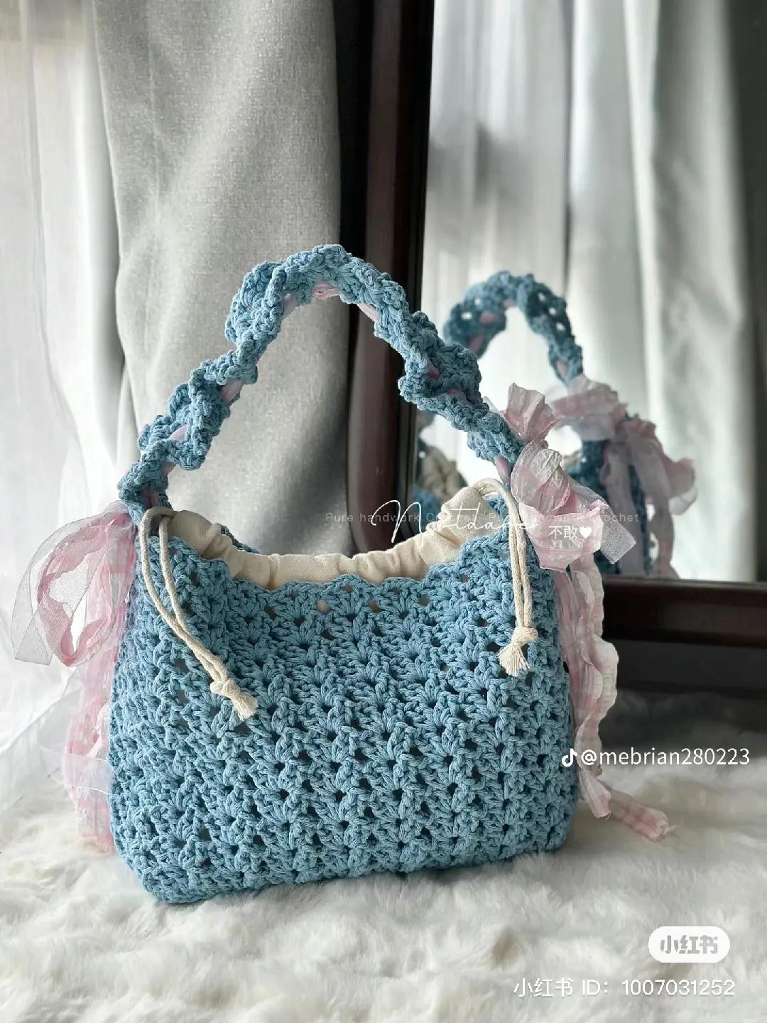 Blue Crochet Tote Bag with Pink Ribbon Decoration and Chart Pattern