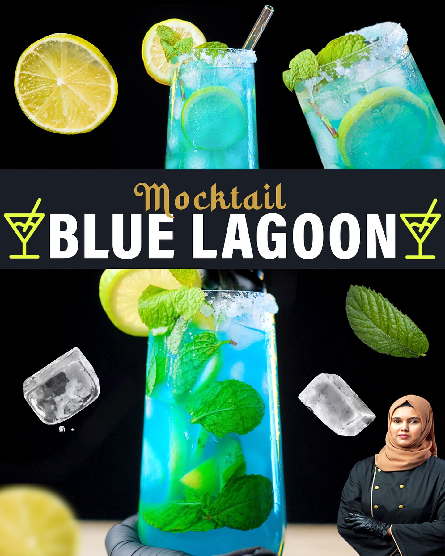 Blue Lagoon Mocktail Recipe with Homemade Blue Curacao Syrup, Lemon, Mint and Soda Water