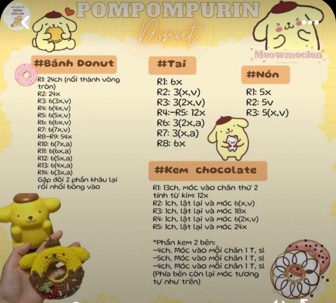 Bộ Chart Móc Len Bánh Donut Sanrio: Pompompurin, Pochacco, Kuromi, Melody