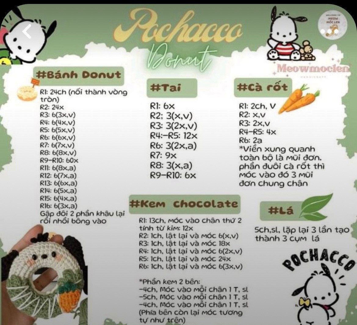 Bộ Chart Móc Len Bánh Donut Sanrio: Pompompurin, Pochacco, Kuromi, Melody
