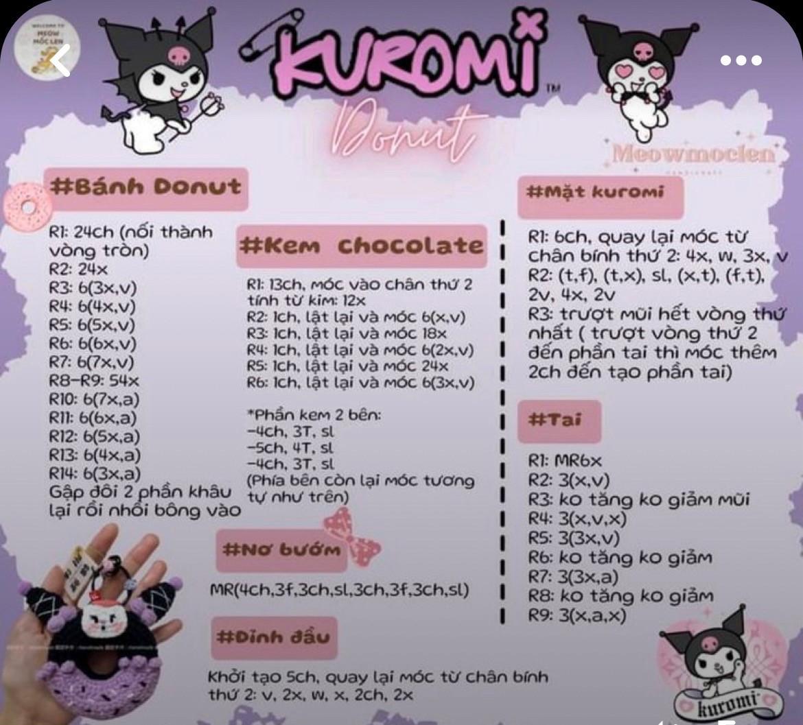 Bộ Chart Móc Len Bánh Donut Sanrio: Pompompurin, Pochacco, Kuromi, Melody