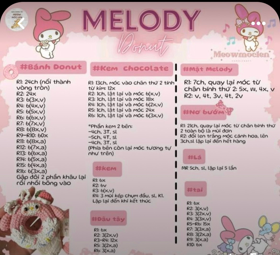 Bộ Chart Móc Len Bánh Donut Sanrio: Pompompurin, Pochacco, Kuromi, Melody