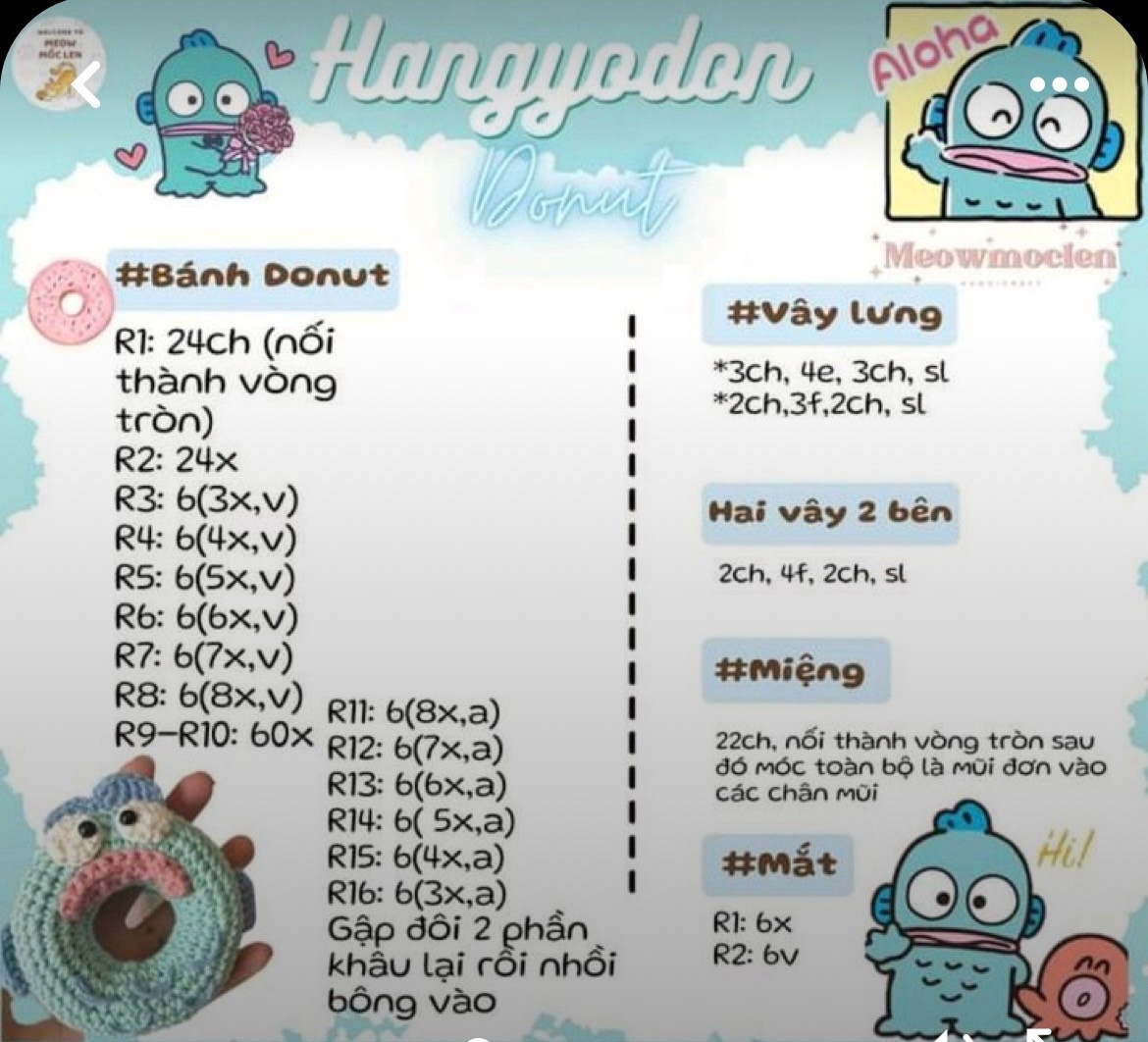 Bộ Chart Móc Len Bánh Donut Sanrio: Pompompurin, Pochacco, Kuromi, Melody