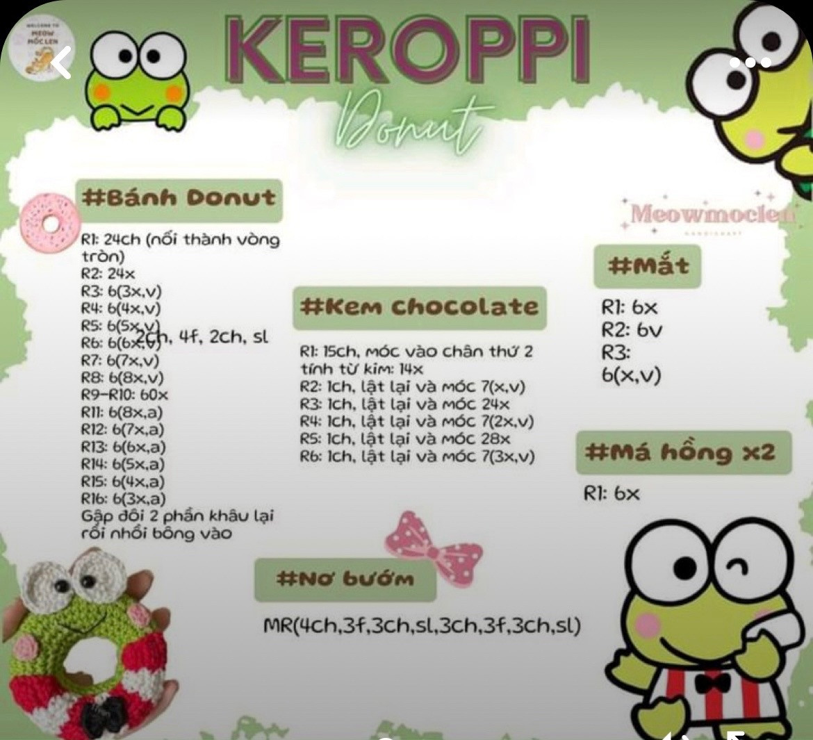 Bộ Chart Móc Len Bánh Donut Sanrio: Pompompurin, Pochacco, Kuromi, Melody