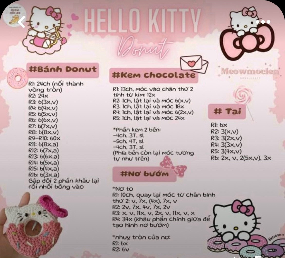 Bộ Chart Móc Len Bánh Donut Sanrio: Pompompurin, Pochacco, Kuromi, Melody