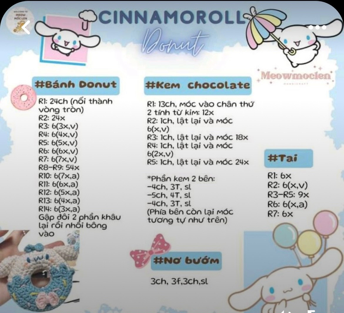 Bộ Chart Móc Len Bánh Donut Sanrio: Pompompurin, Pochacco, Kuromi, Melody
