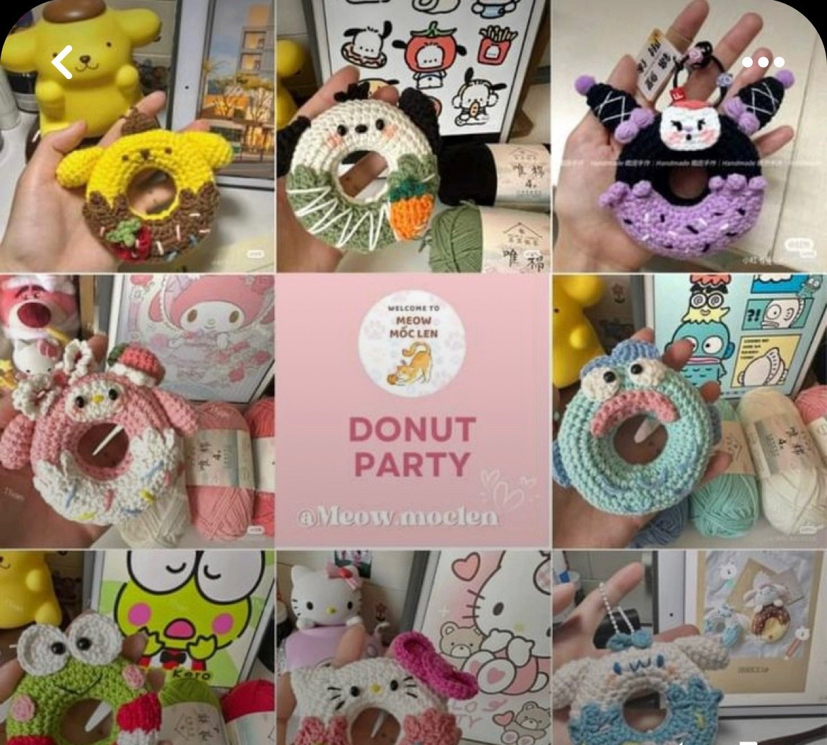 Bộ Chart Móc Len Bánh Donut Sanrio: Pompompurin, Pochacco, Kuromi, Melody