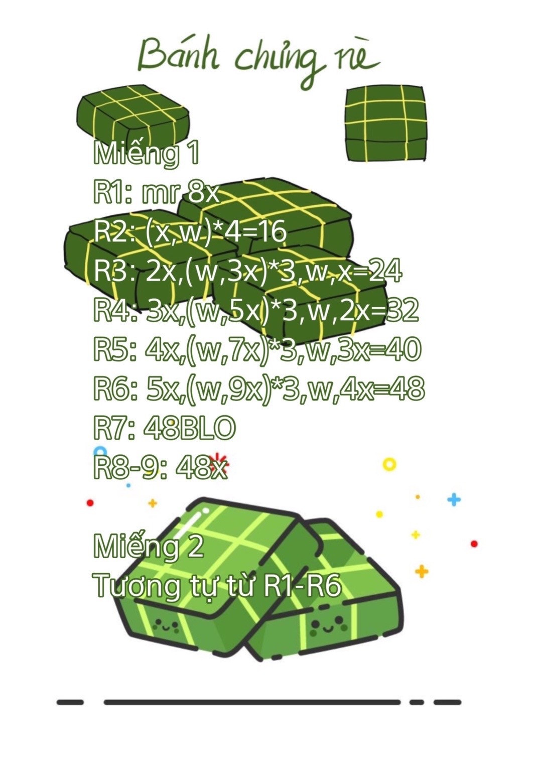 Bộ chart móc len đồ trang trí Tết Việt Nam: đèn lồng, bánh chưng, bánh tét