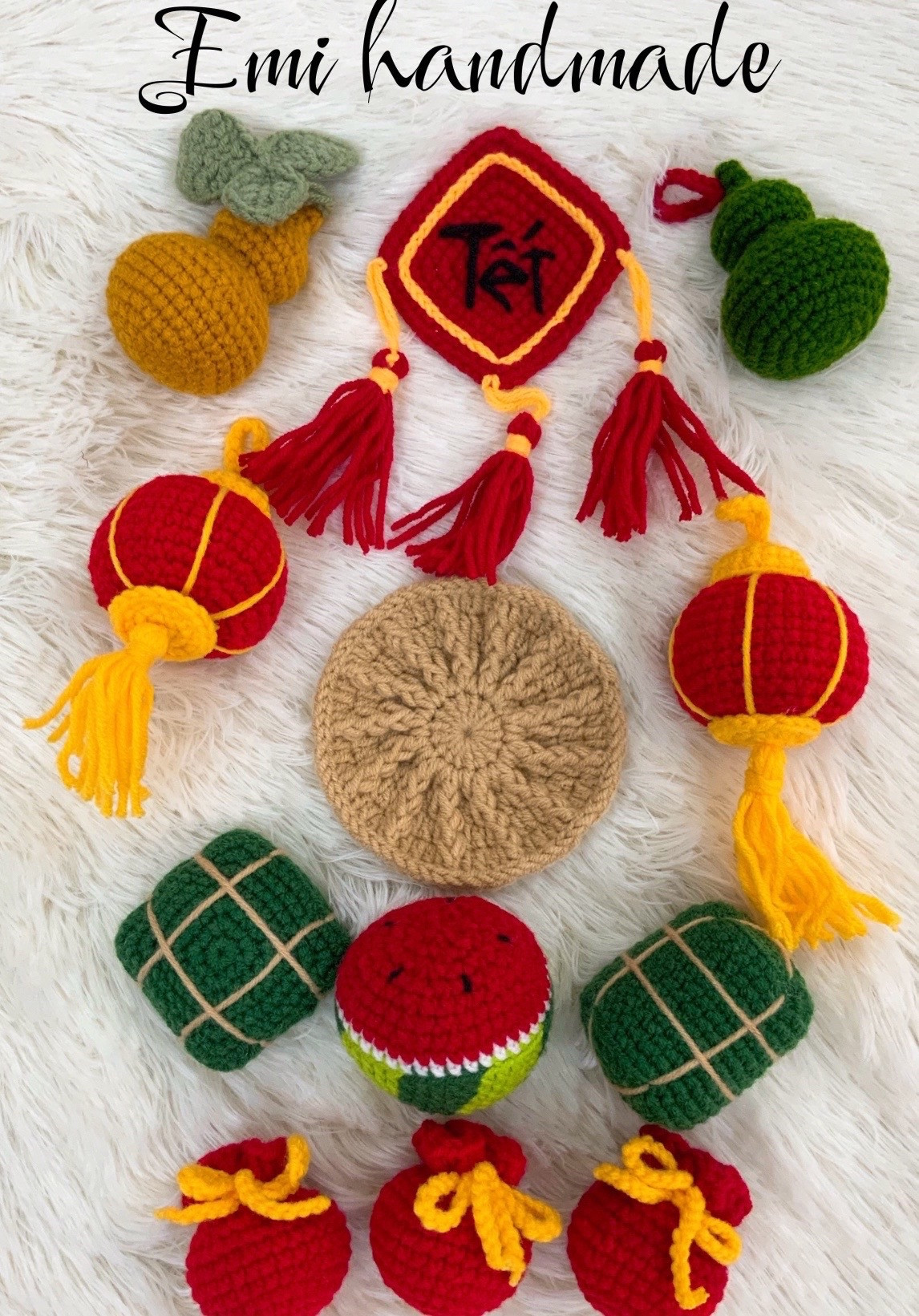 Bộ chart móc len đồ trang trí Tết Việt Nam: đèn lồng, bánh chưng, bánh tét