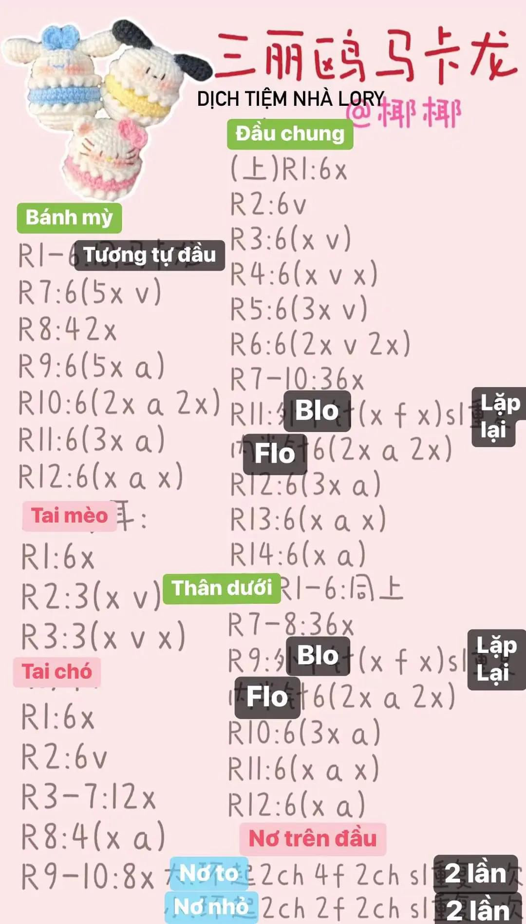 Bộ Chart Móc Len: Gấu Macaron Sanrio (Cinnamoroll, Pochacco, My Melody) và Ếch Bơi Cưng Đáng Yêu