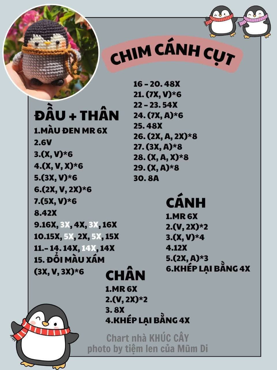 Bộ Chart Móc Len Nhím Ôm Dâu, Báo Và Chim cánh cụt Dễ Thương