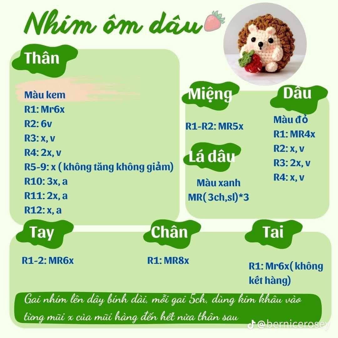 Bộ Chart Móc Len Nhím Ôm Dâu, Báo Và Chim cánh cụt Dễ Thương