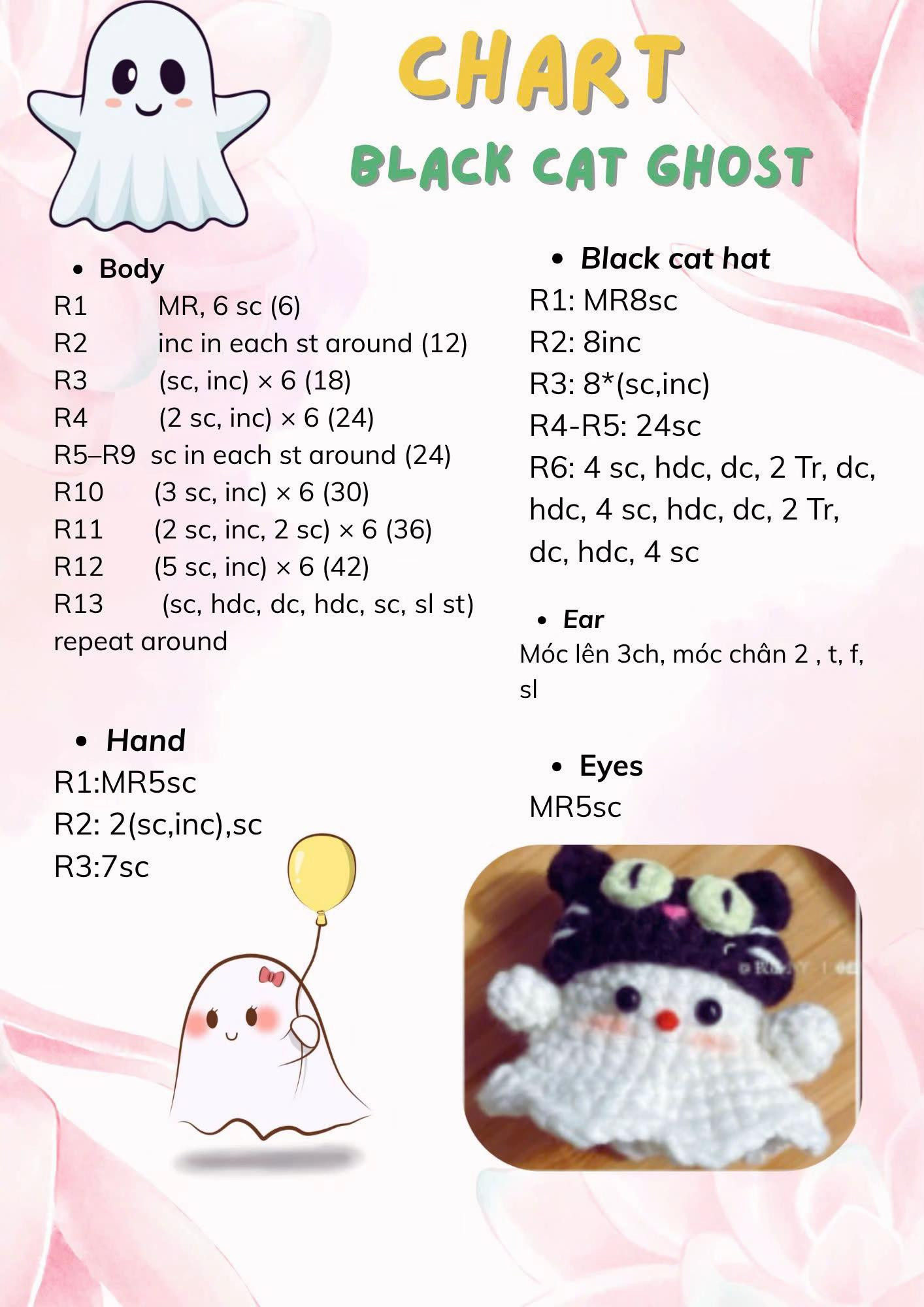 Bộ Chart Móc Len Tiếng Anh: Lychee, Black Cat Ghost, Tomato, Bee, Cloudy