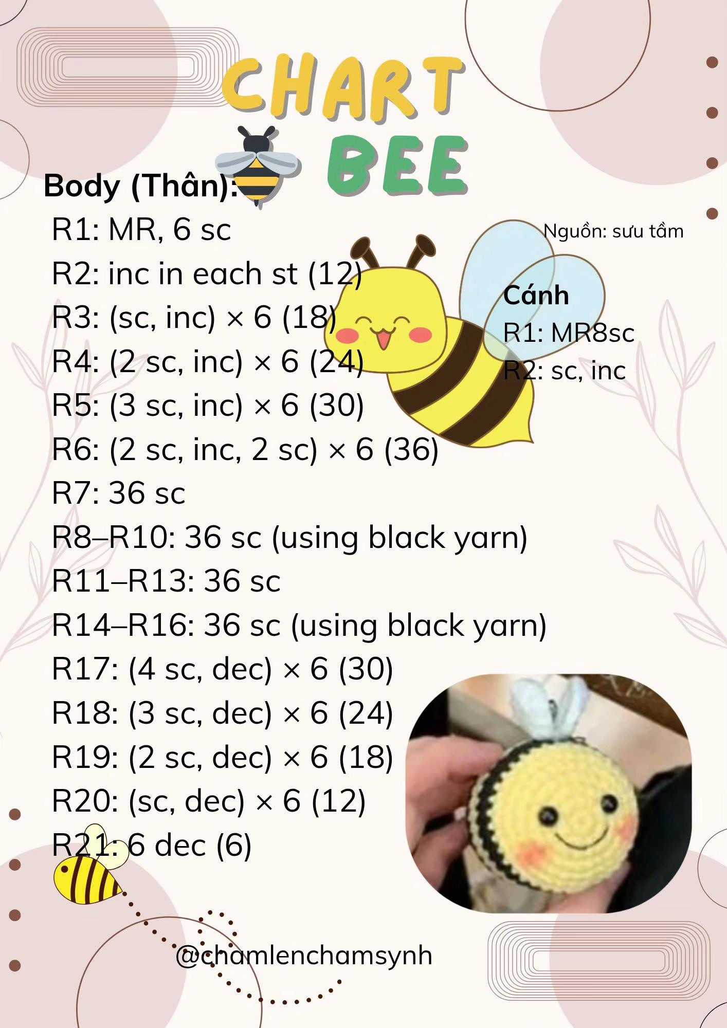 Bộ Chart Móc Len Tiếng Anh: Lychee, Black Cat Ghost, Tomato, Bee, Cloudy