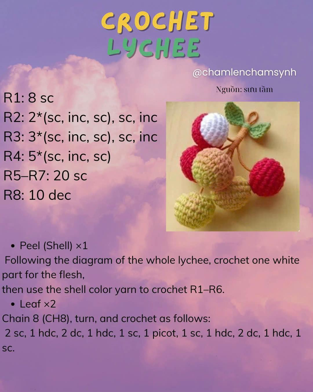 Bộ Chart Móc Len Tiếng Anh: Lychee, Black Cat Ghost, Tomato, Bee, Cloudy