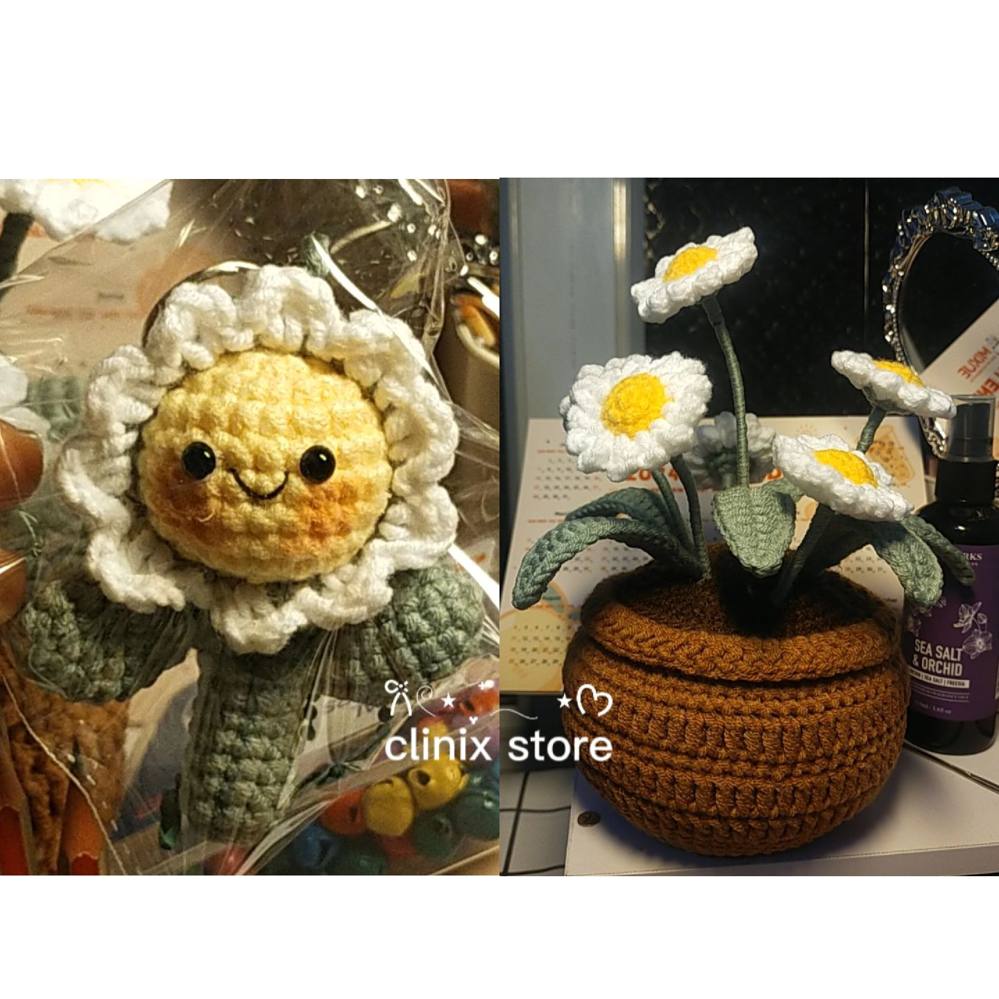 Bộ móc len cúc họa mi: chậu bông và móc khóa mặt dễ thương