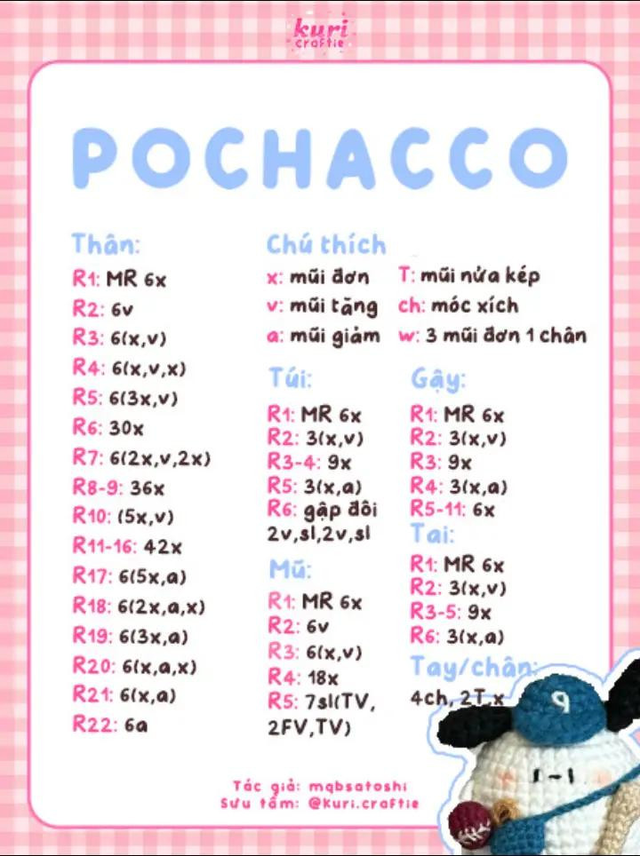 Bộ sưu tập chart móc len miễn phí: Hello Kitty, Pochacco, Mèo Béo và Heo Béo dễ thương