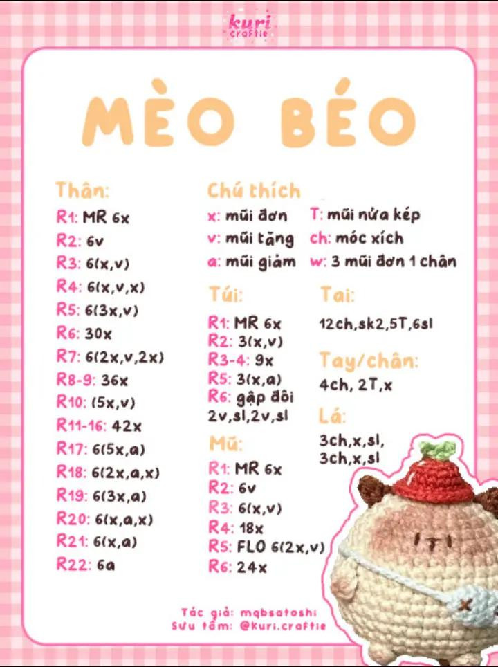 Bộ sưu tập chart móc len miễn phí: Hello Kitty, Pochacco, Mèo Béo và Heo Béo dễ thương